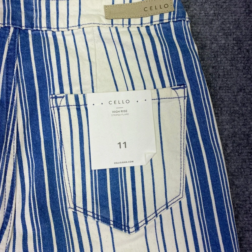 Cello Striped Denim High Rise Flare Jeans Blue White WV38225DK Size 11 NWT
